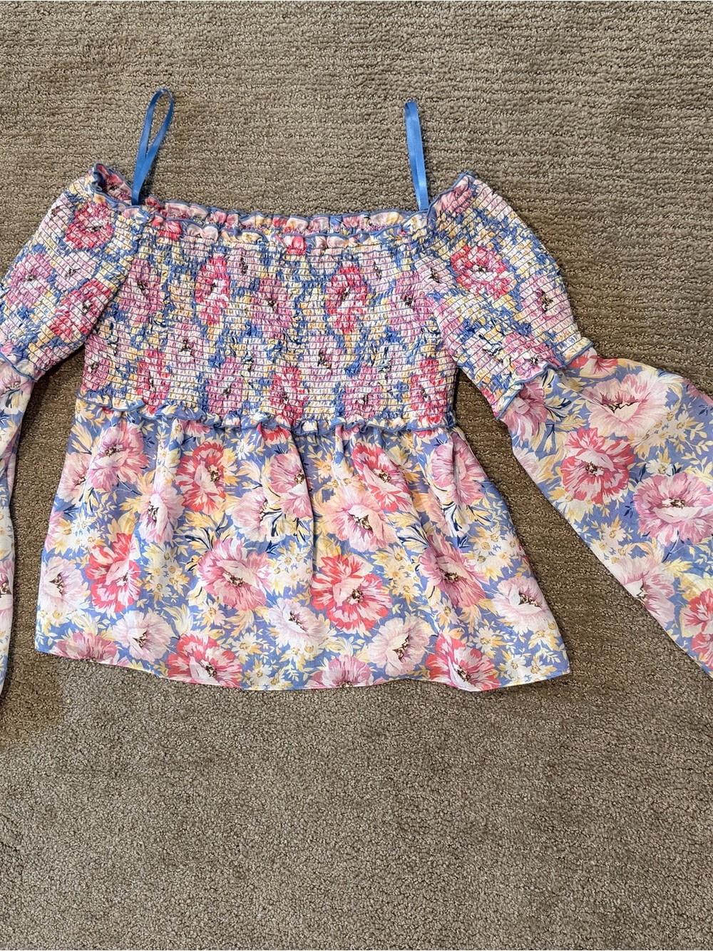 INTERMIX Floral Off-Shoulder Top in Blue and Pink